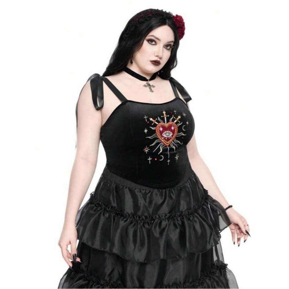 ROMWE | Gothic Lolita Black Embroidered Heart Corset Camisole Crop Top - Picture 7 of 10